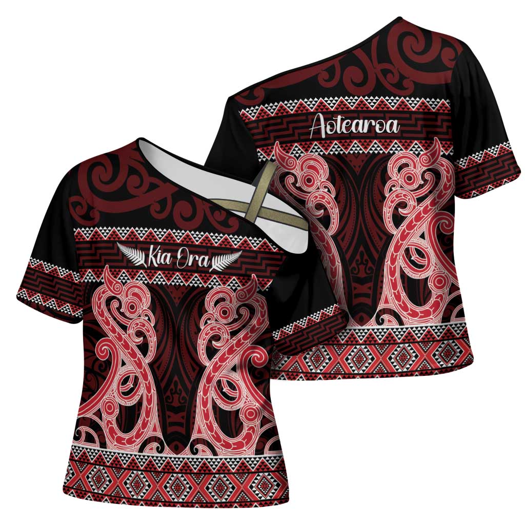 Kia Ora New Zealand Cross Shoulder Shirt Maori Language Week Whero Taniko Motif - Vibe Hoodie