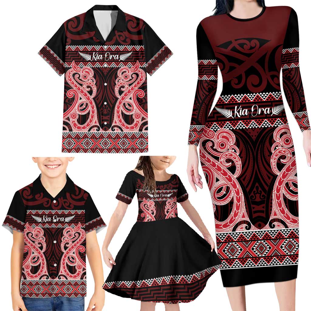 Kia Ora New Zealand Family Matching Long Sleeve Bodycon Dress and Hawaiian Shirt Maori Language Week Whero Taniko Motif - Vibe Hoodie