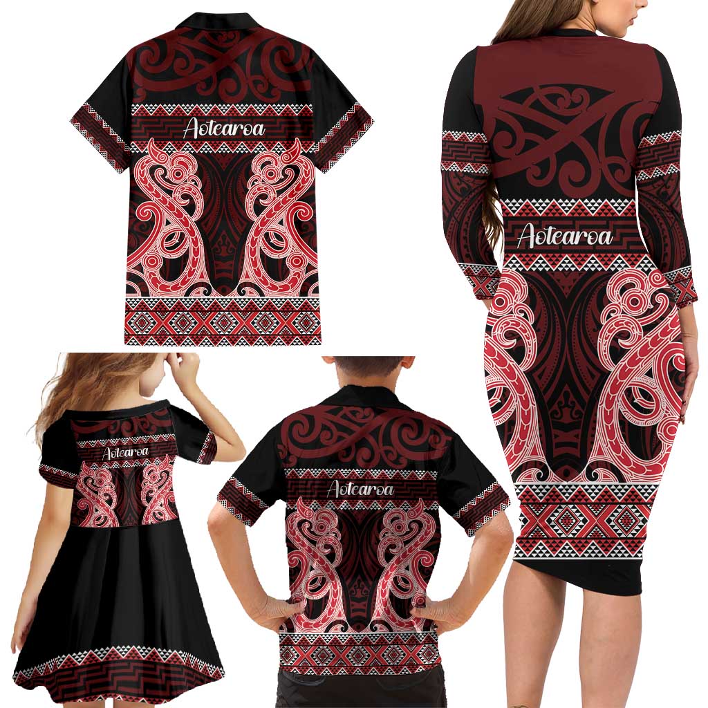 Kia Ora New Zealand Family Matching Long Sleeve Bodycon Dress and Hawaiian Shirt Maori Language Week Whero Taniko Motif - Vibe Hoodie