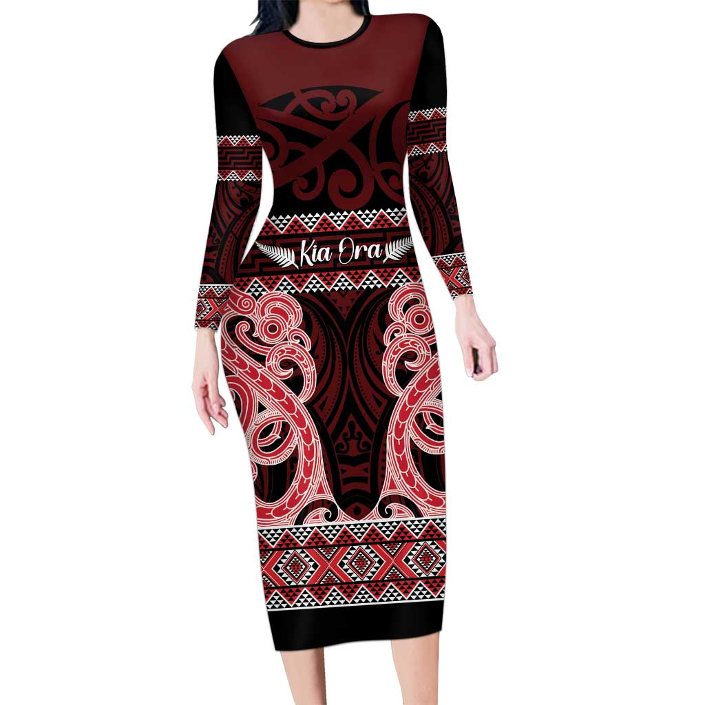 Kia Ora New Zealand Family Matching Long Sleeve Bodycon Dress and Hawaiian Shirt Maori Language Week Whero Taniko Motif - Vibe Hoodie