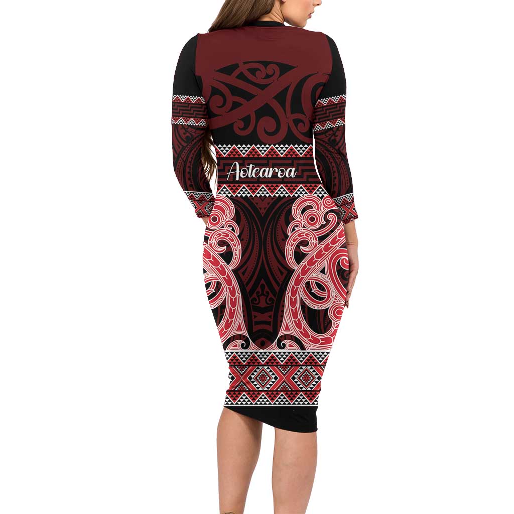 Kia Ora New Zealand Family Matching Long Sleeve Bodycon Dress and Hawaiian Shirt Maori Language Week Whero Taniko Motif - Vibe Hoodie