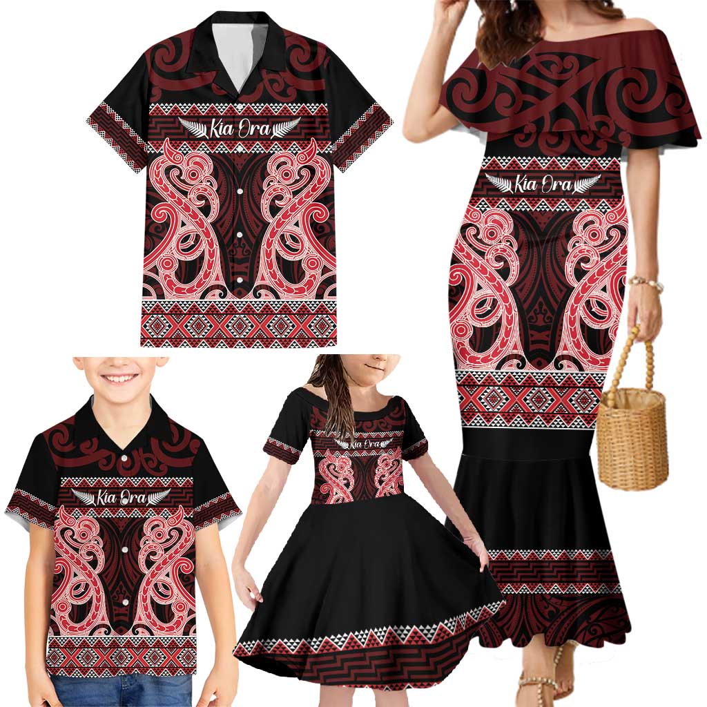 Kia Ora New Zealand Family Matching Mermaid Dress and Hawaiian Shirt Maori Language Week Whero Taniko Motif - Vibe Hoodie