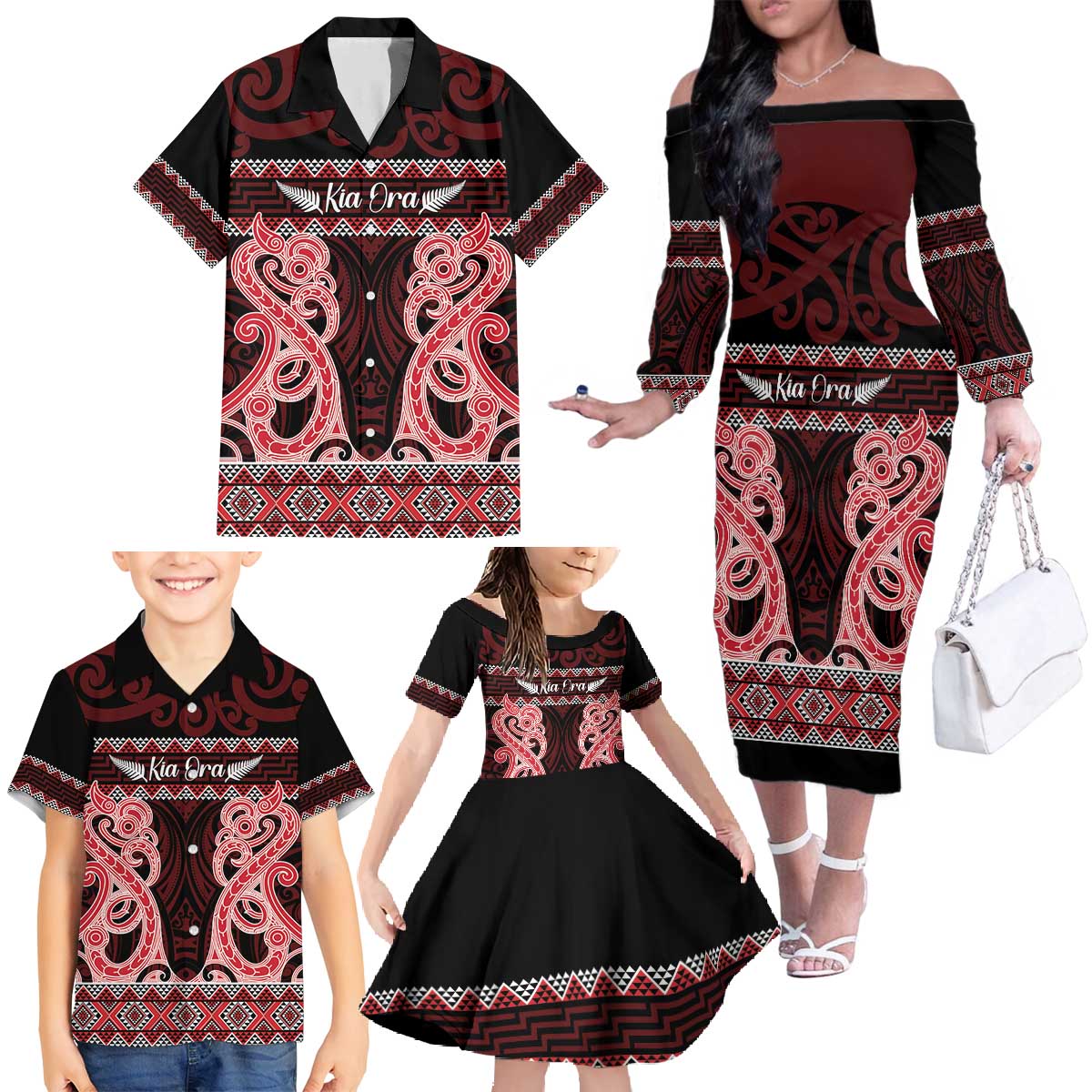 Kia Ora New Zealand Family Matching Off The Shoulder Long Sleeve Dress and Hawaiian Shirt Maori Language Week Whero Taniko Motif - Vibe Hoodie