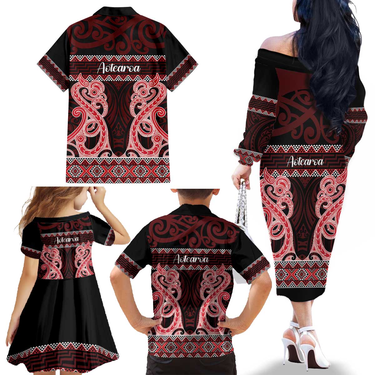 Kia Ora New Zealand Family Matching Off The Shoulder Long Sleeve Dress and Hawaiian Shirt Maori Language Week Whero Taniko Motif - Vibe Hoodie