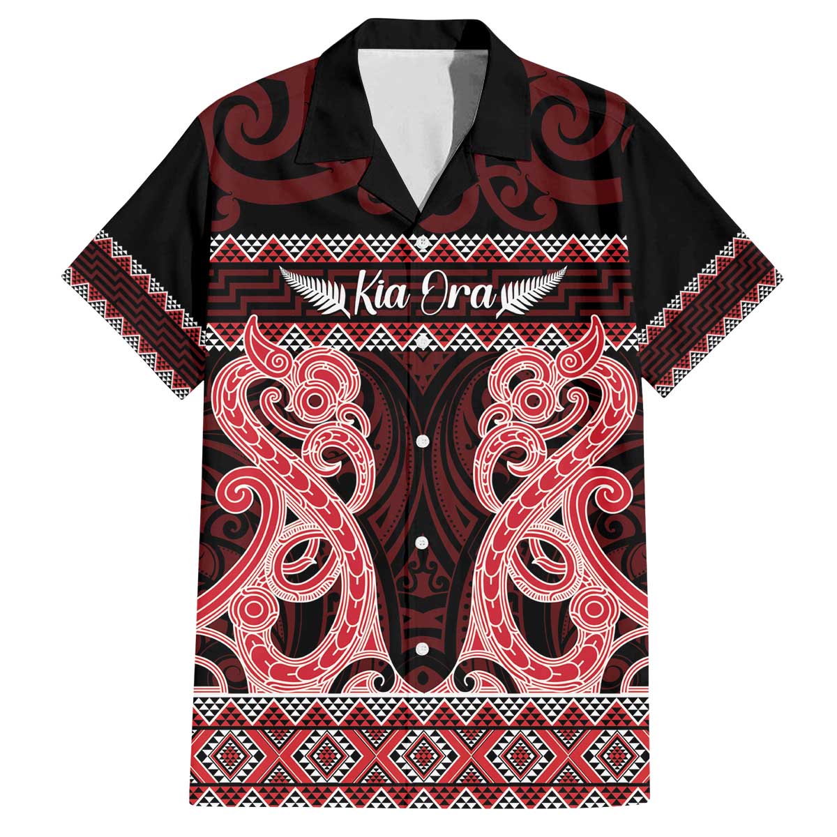 Kia Ora New Zealand Family Matching Off The Shoulder Long Sleeve Dress and Hawaiian Shirt Maori Language Week Whero Taniko Motif - Vibe Hoodie