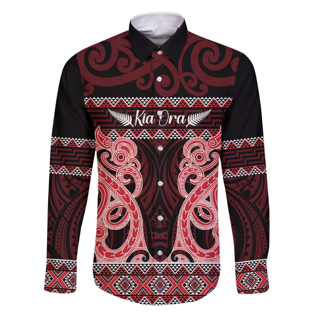 Kia Ora New Zealand Family Matching Off The Shoulder Long Sleeve Dress and Hawaiian Shirt Maori Language Week Whero Taniko Motif - Vibe Hoodie