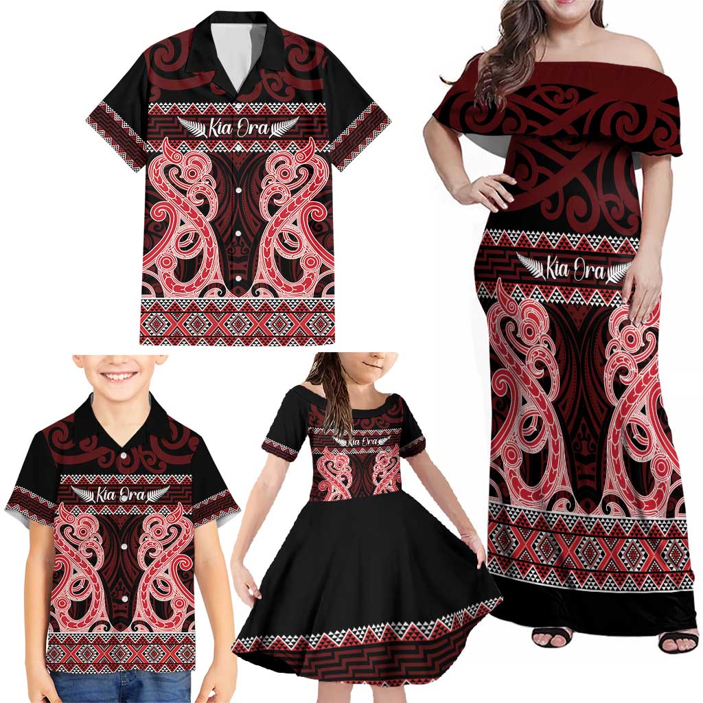 Kia Ora New Zealand Family Matching Off Shoulder Maxi Dress and Hawaiian Shirt Maori Language Week Whero Taniko Motif - Vibe Hoodie