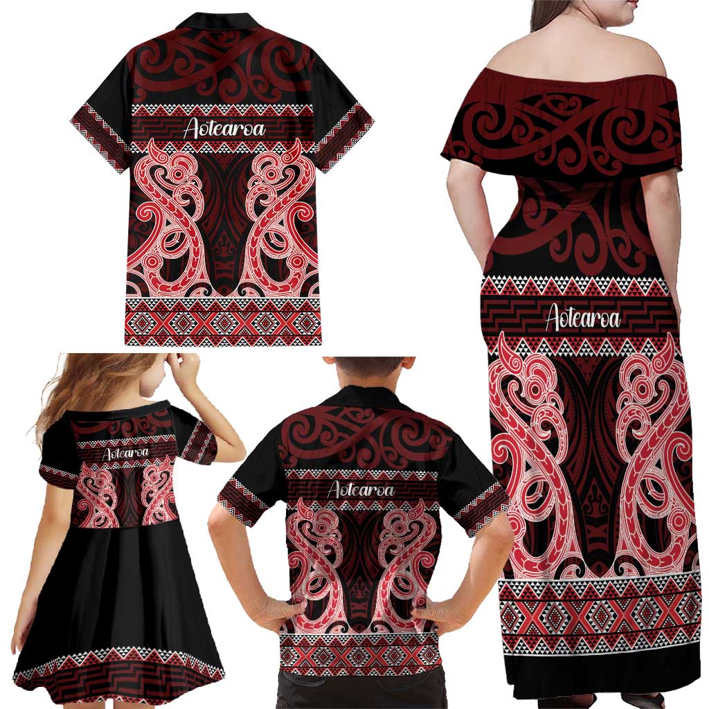 Kia Ora New Zealand Family Matching Off Shoulder Maxi Dress and Hawaiian Shirt Maori Language Week Whero Taniko Motif - Vibe Hoodie