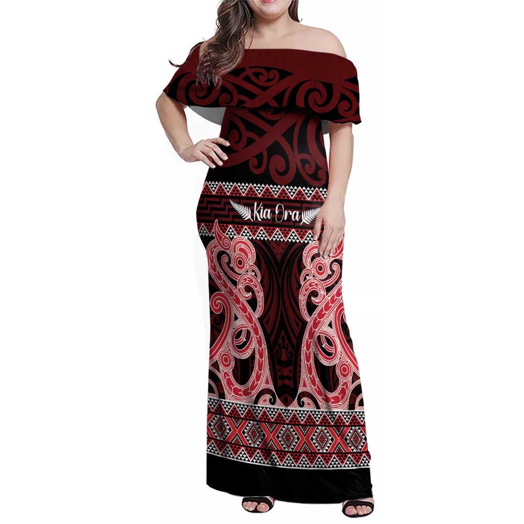 Kia Ora New Zealand Family Matching Off Shoulder Maxi Dress and Hawaiian Shirt Maori Language Week Whero Taniko Motif - Vibe Hoodie