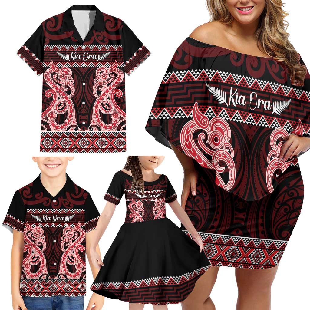 Kia Ora New Zealand Family Matching Off Shoulder Short Dress and Hawaiian Shirt Maori Language Week Whero Taniko Motif - Vibe Hoodie