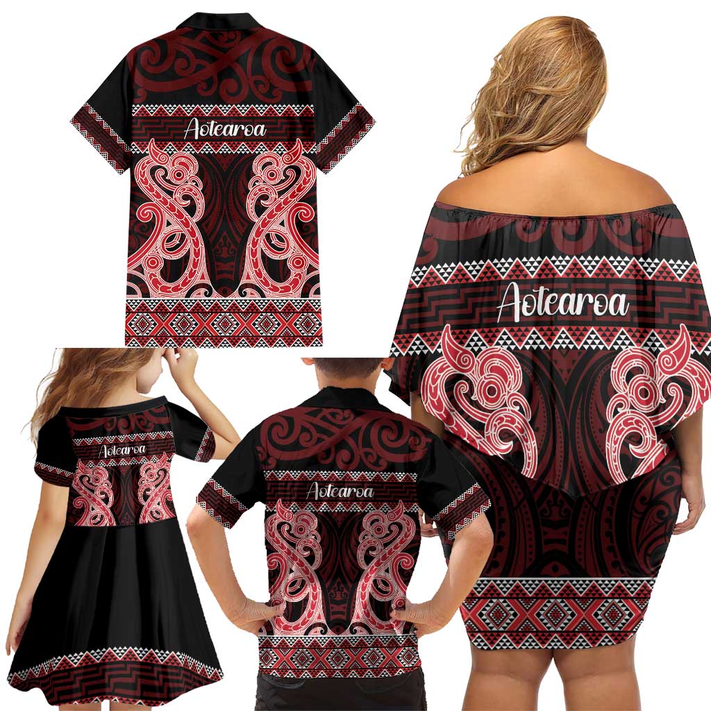 Kia Ora New Zealand Family Matching Off Shoulder Short Dress and Hawaiian Shirt Maori Language Week Whero Taniko Motif - Vibe Hoodie