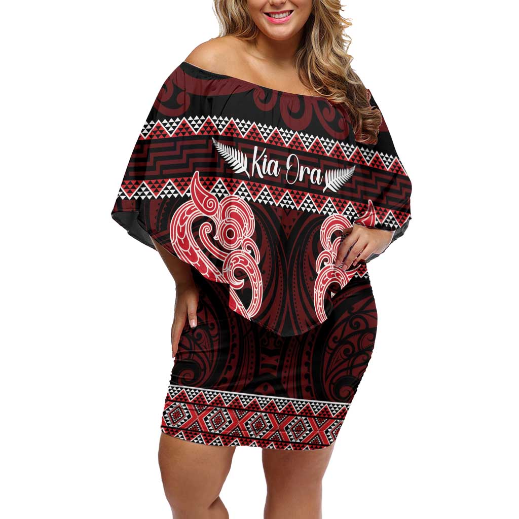 Kia Ora New Zealand Family Matching Off Shoulder Short Dress and Hawaiian Shirt Maori Language Week Whero Taniko Motif - Vibe Hoodie
