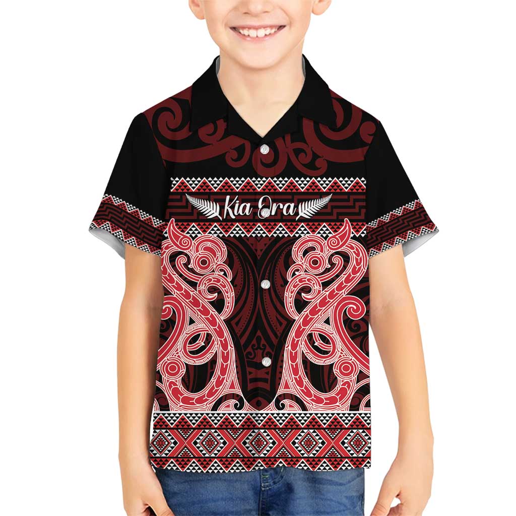 Kia Ora New Zealand Family Matching Off Shoulder Short Dress and Hawaiian Shirt Maori Language Week Whero Taniko Motif - Vibe Hoodie