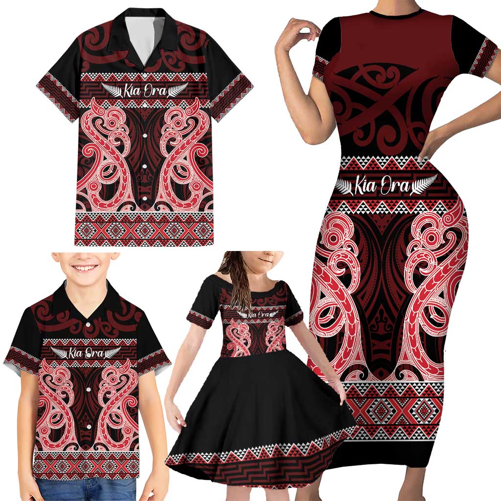 Kia Ora New Zealand Family Matching Short Sleeve Bodycon Dress and Hawaiian Shirt Maori Language Week Whero Taniko Motif - Vibe Hoodie