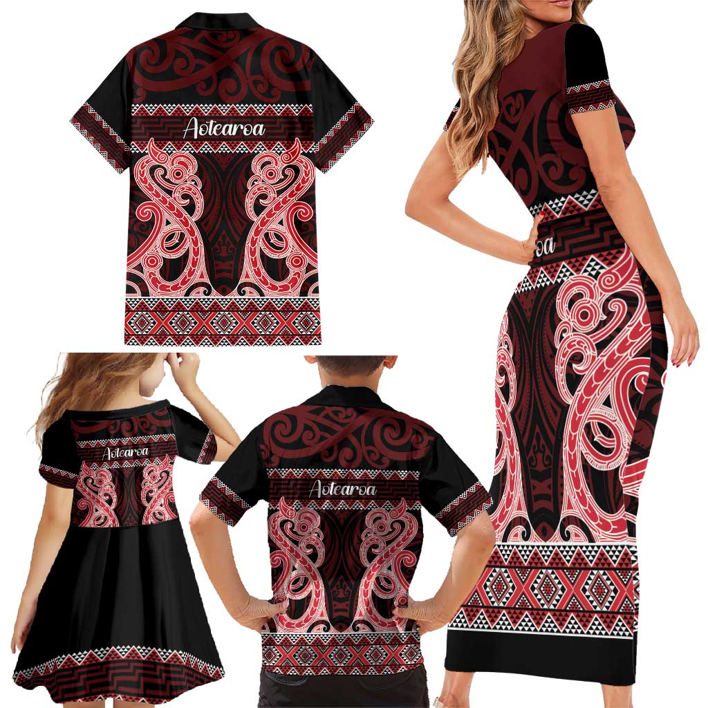 Kia Ora New Zealand Family Matching Short Sleeve Bodycon Dress and Hawaiian Shirt Maori Language Week Whero Taniko Motif - Vibe Hoodie