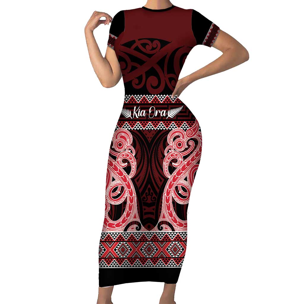 Kia Ora New Zealand Family Matching Short Sleeve Bodycon Dress and Hawaiian Shirt Maori Language Week Whero Taniko Motif - Vibe Hoodie