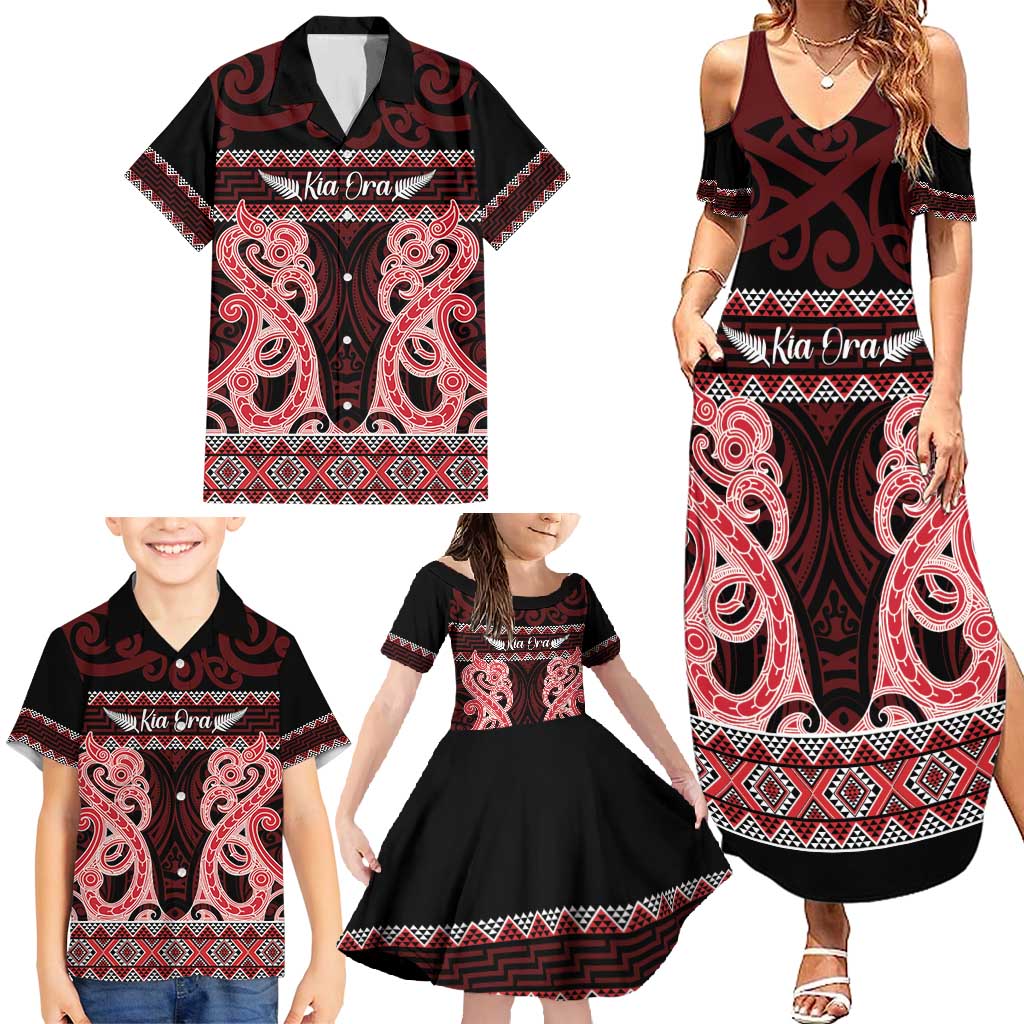Kia Ora New Zealand Family Matching Summer Maxi Dress and Hawaiian Shirt Maori Language Week Whero Taniko Motif - Vibe Hoodie