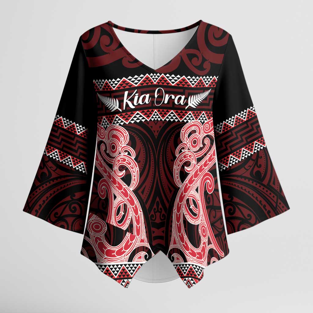 Kia Ora New Zealand Kimono Sleeve Blouse Maori Language Week Whero Taniko Motif - Vibe Hoodie