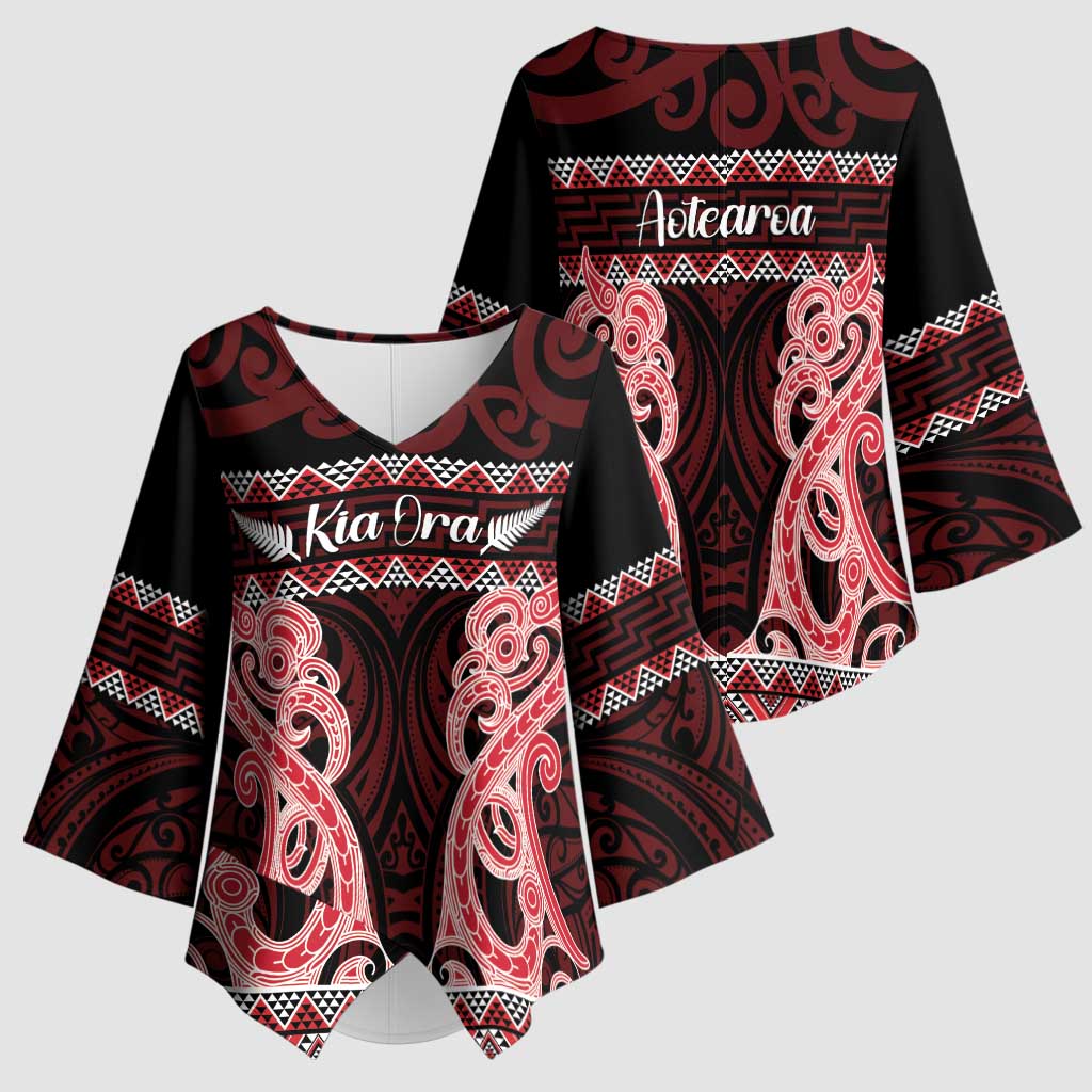 Kia Ora New Zealand Kimono Sleeve Blouse Maori Language Week Whero Taniko Motif - Vibe Hoodie