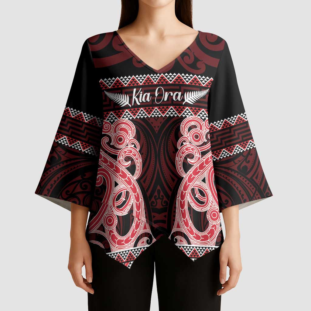 Kia Ora New Zealand Kimono Sleeve Blouse Maori Language Week Whero Taniko Motif - Vibe Hoodie