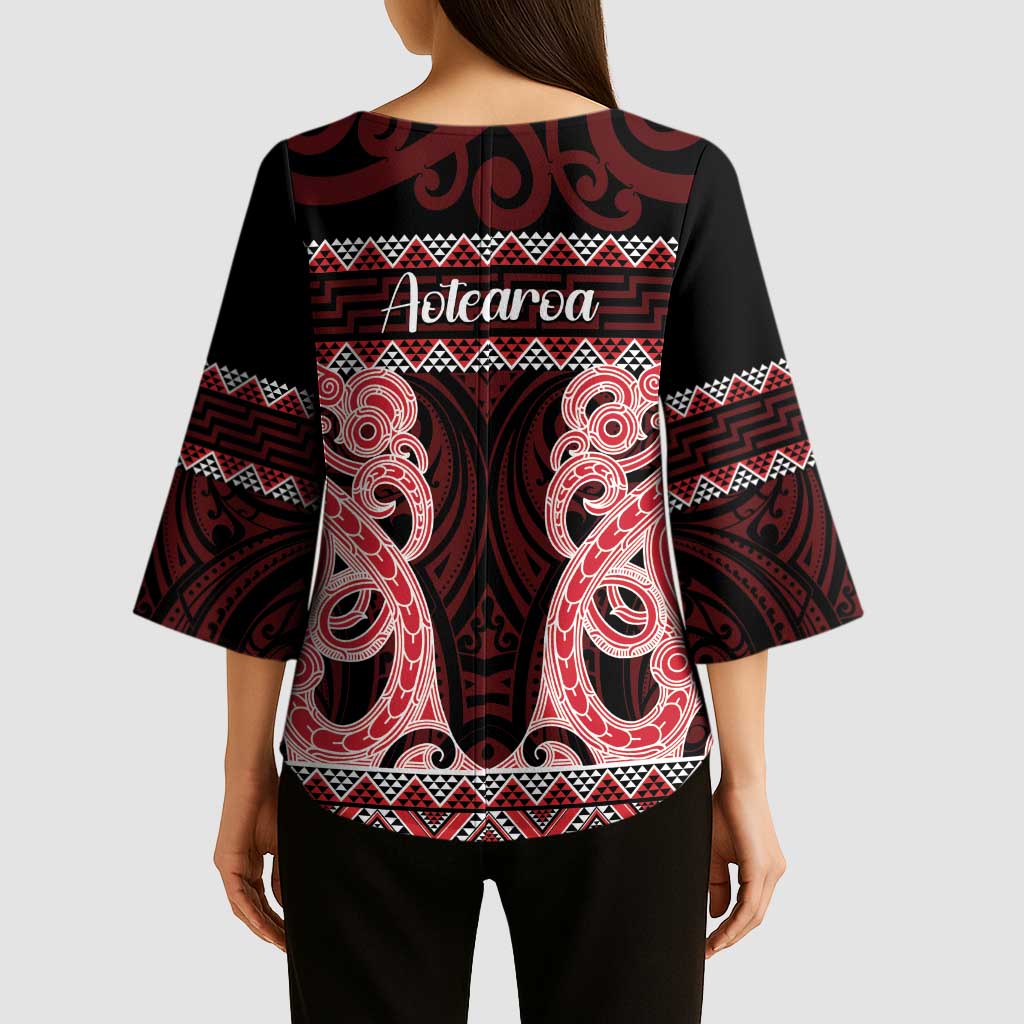 Kia Ora New Zealand Kimono Sleeve Blouse Maori Language Week Whero Taniko Motif - Vibe Hoodie