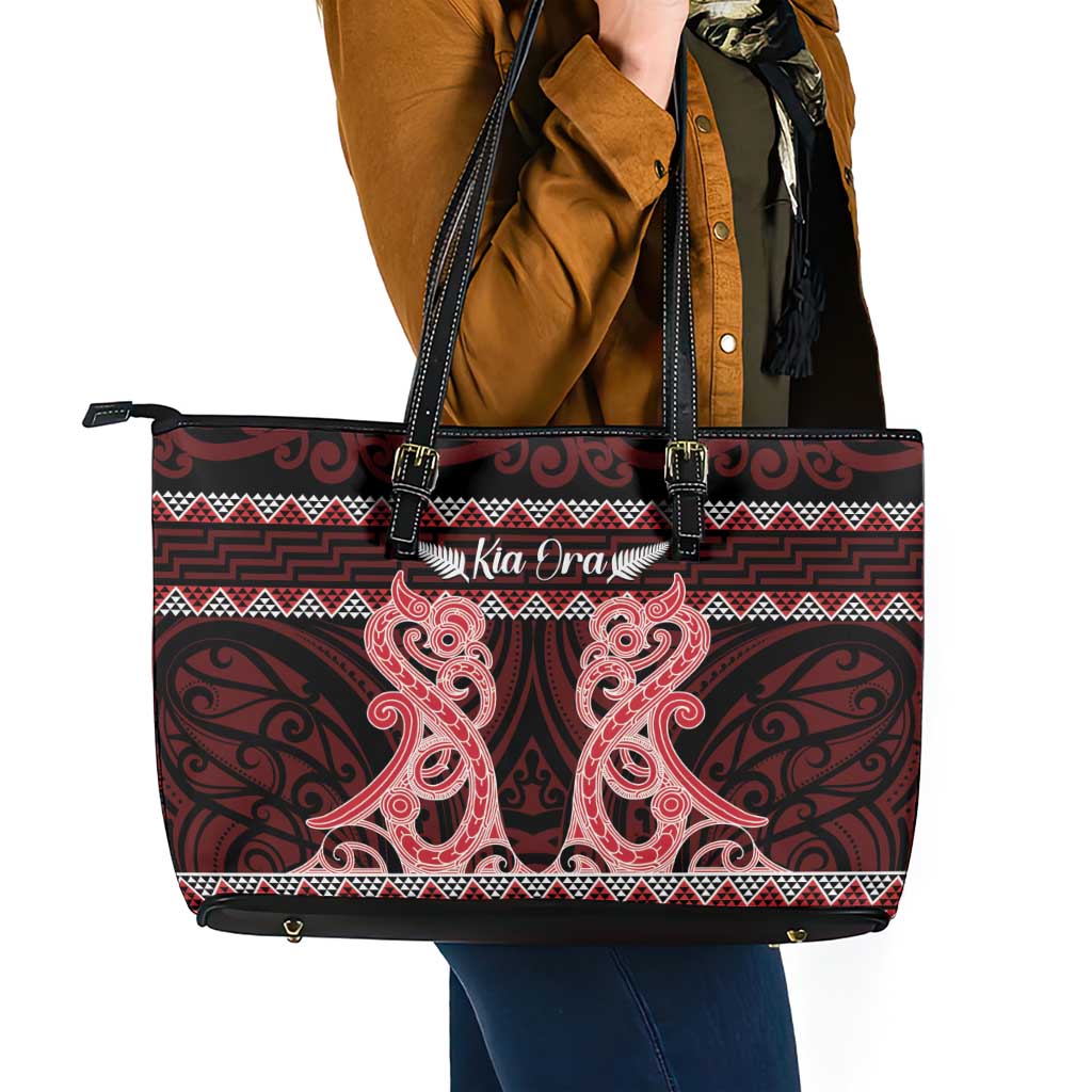Kia Ora New Zealand Leather Tote Bag Maori Language Week Whero Taniko Motif - Vibe Hoodie