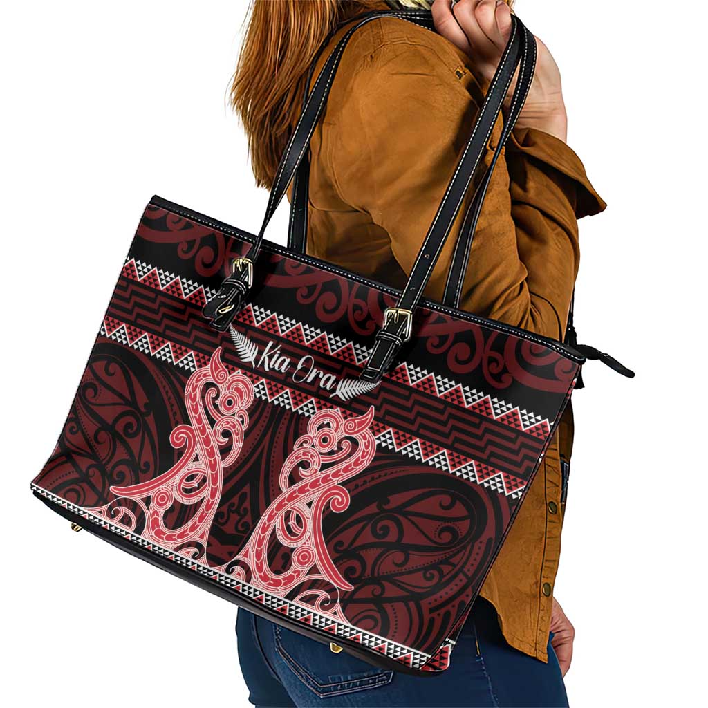 Kia Ora New Zealand Leather Tote Bag Maori Language Week Whero Taniko Motif - Vibe Hoodie