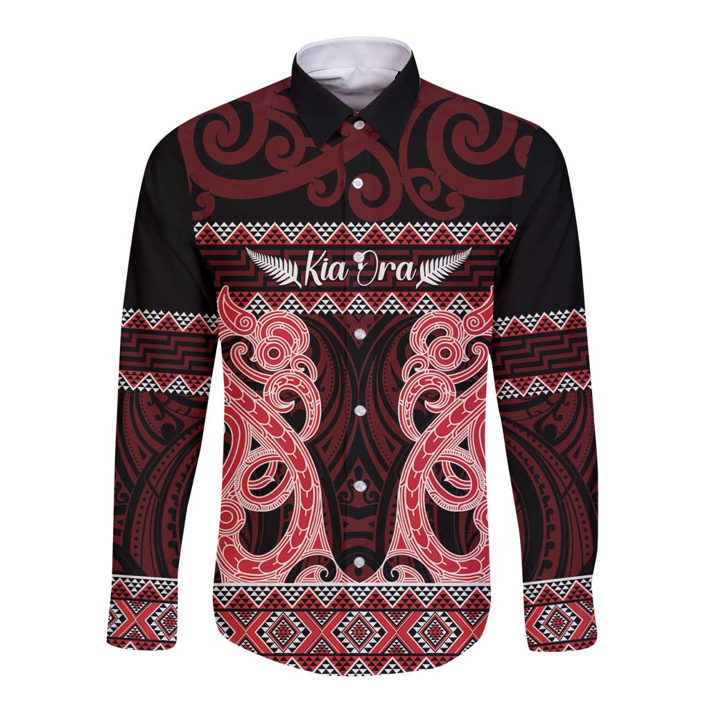 Kia Ora New Zealand Long Sleeve Button Shirt Maori Language Week Whero Taniko Motif - Vibe Hoodie