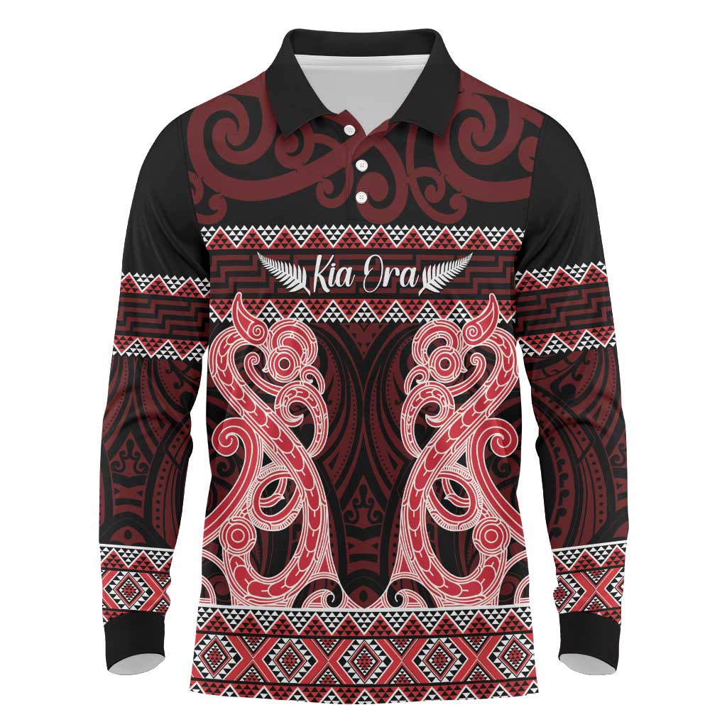 Kia Ora New Zealand Long Sleeve Polo Shirt Maori Language Week Whero Taniko Motif - Vibe Hoodie