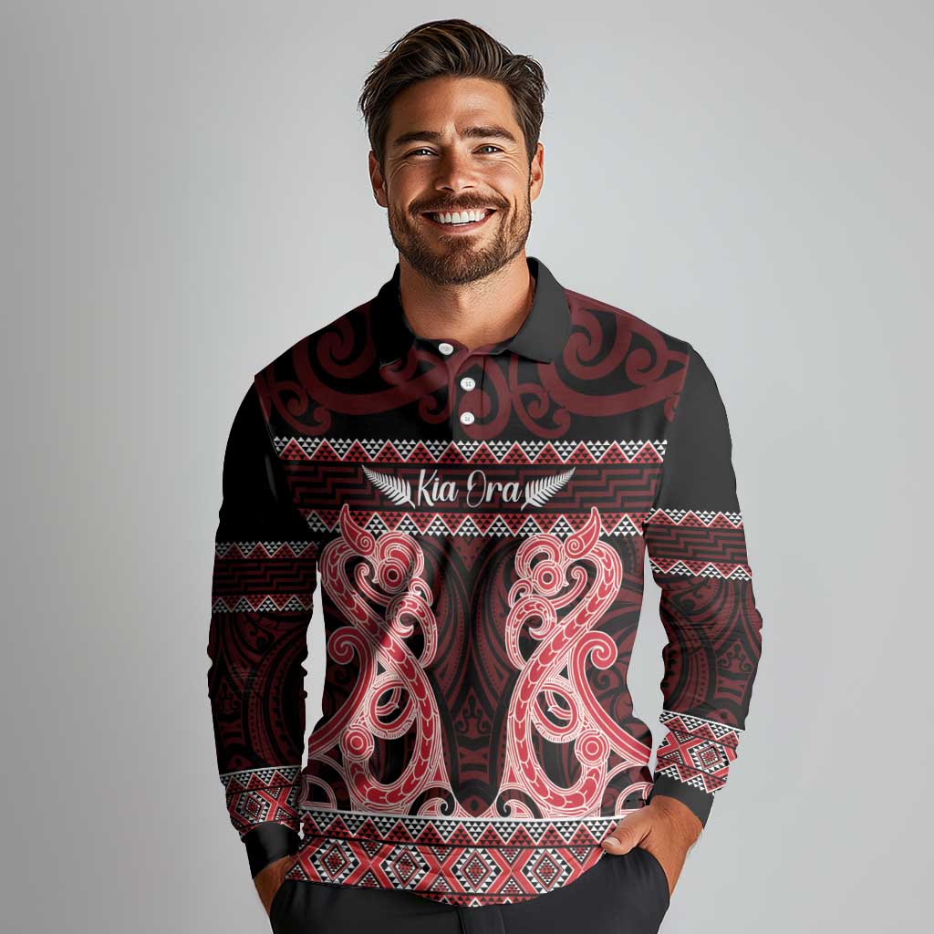 Kia Ora New Zealand Long Sleeve Polo Shirt Maori Language Week Whero Taniko Motif - Vibe Hoodie