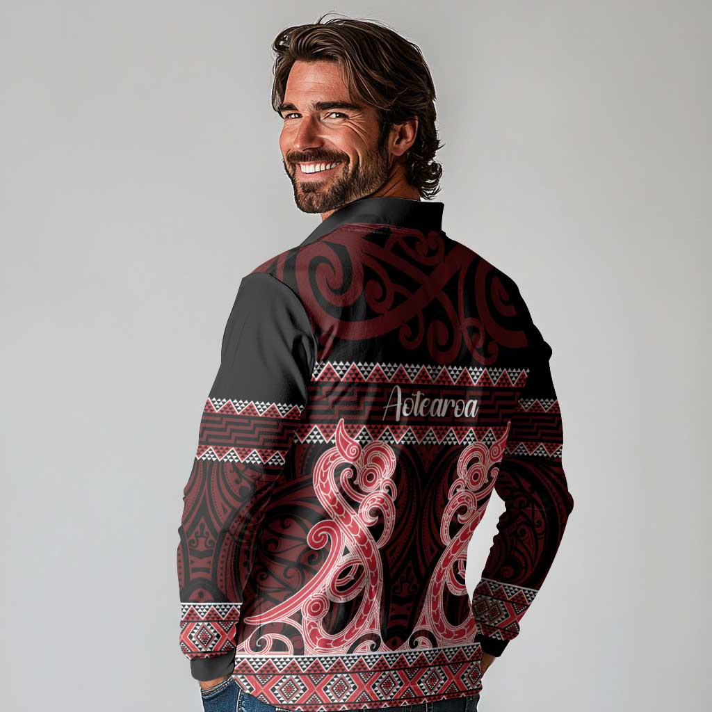 Kia Ora New Zealand Long Sleeve Polo Shirt Maori Language Week Whero Taniko Motif - Vibe Hoodie