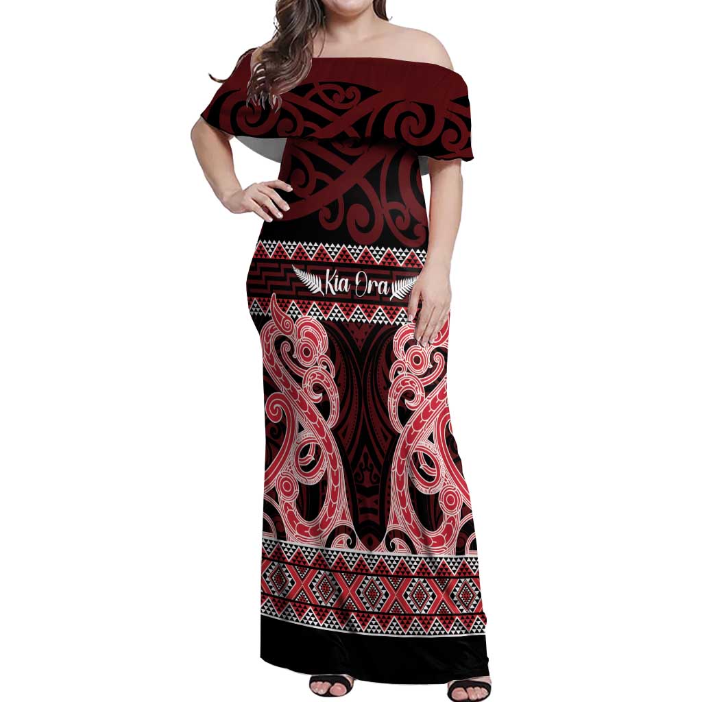 Kia Ora New Zealand Off Shoulder Maxi Dress Maori Language Week Whero Taniko Motif - Vibe Hoodie