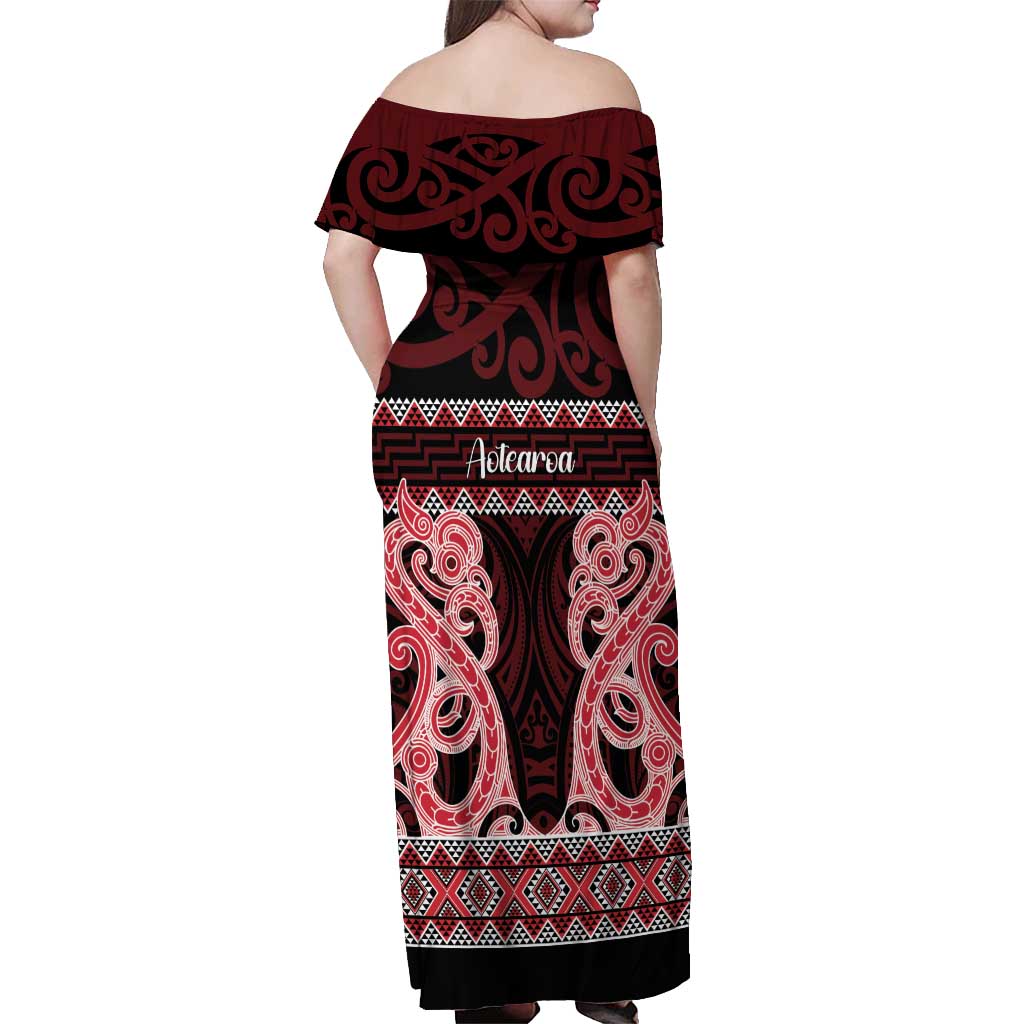 Kia Ora New Zealand Off Shoulder Maxi Dress Maori Language Week Whero Taniko Motif - Vibe Hoodie