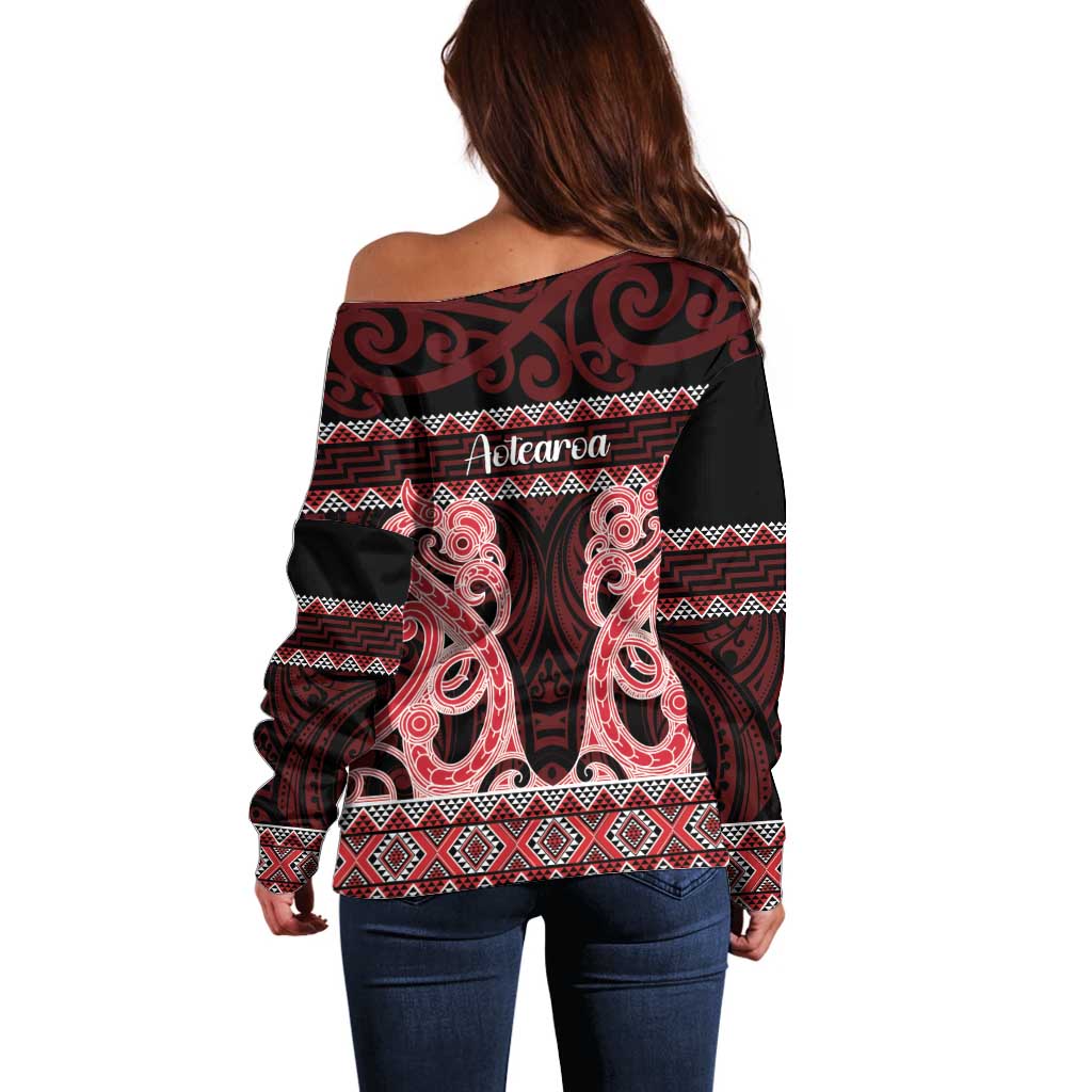 Kia Ora New Zealand Off Shoulder Sweater Maori Language Week Whero Taniko Motif - Vibe Hoodie