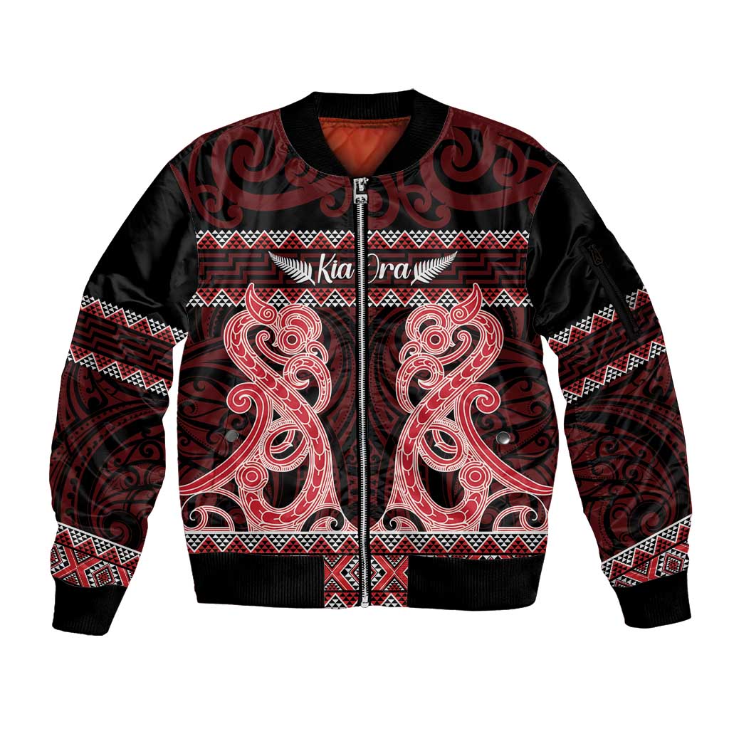 Kia Ora New Zealand Sleeve Zip Bomber Jacket Maori Language Week Whero Taniko Motif - Vibe Hoodie