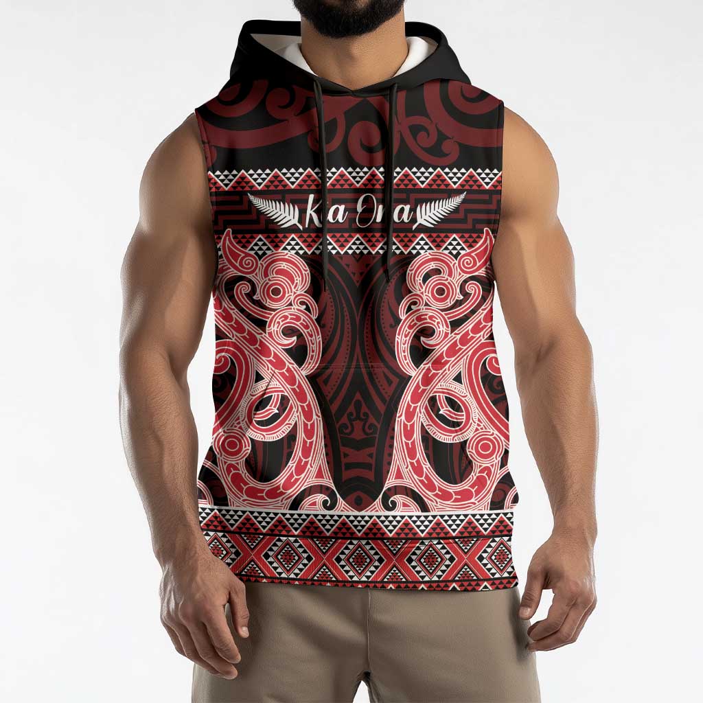 Kia Ora New Zealand Sleeveless Hoodie Maori Language Week Whero Taniko Motif - Vibe Hoodie
