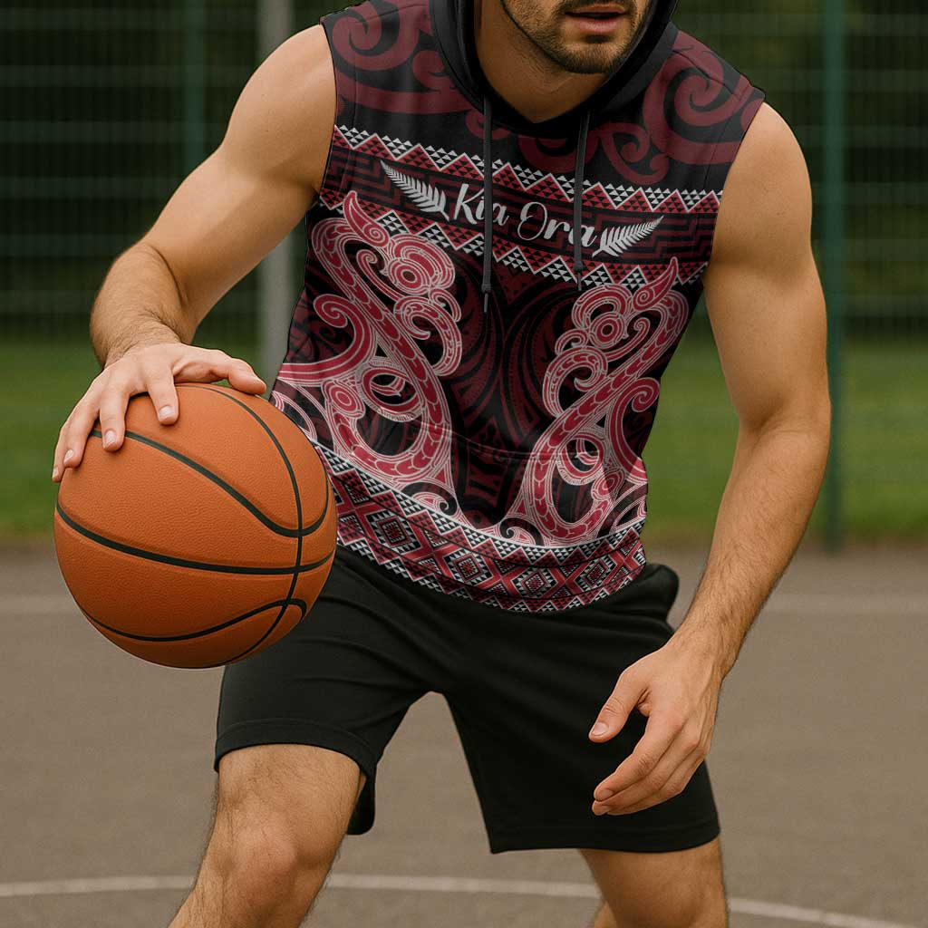 Kia Ora New Zealand Sleeveless Hoodie Maori Language Week Whero Taniko Motif - Vibe Hoodie
