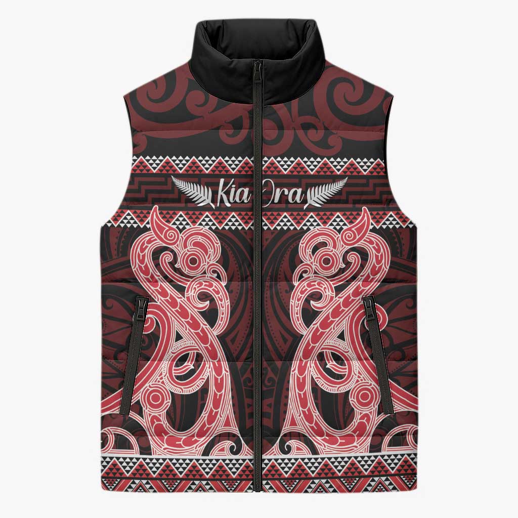 Kia Ora New Zealand Sleeveless Puffer Jacket Maori Language Week Whero Taniko Motif - Vibe Hoodie
