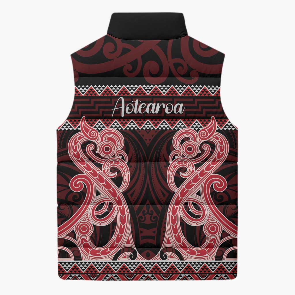 Kia Ora New Zealand Sleeveless Puffer Jacket Maori Language Week Whero Taniko Motif - Vibe Hoodie