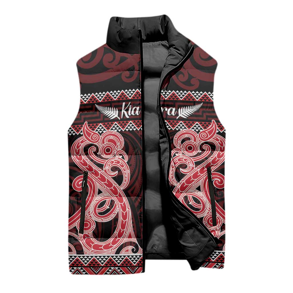 Kia Ora New Zealand Sleeveless Puffer Jacket Maori Language Week Whero Taniko Motif - Vibe Hoodie