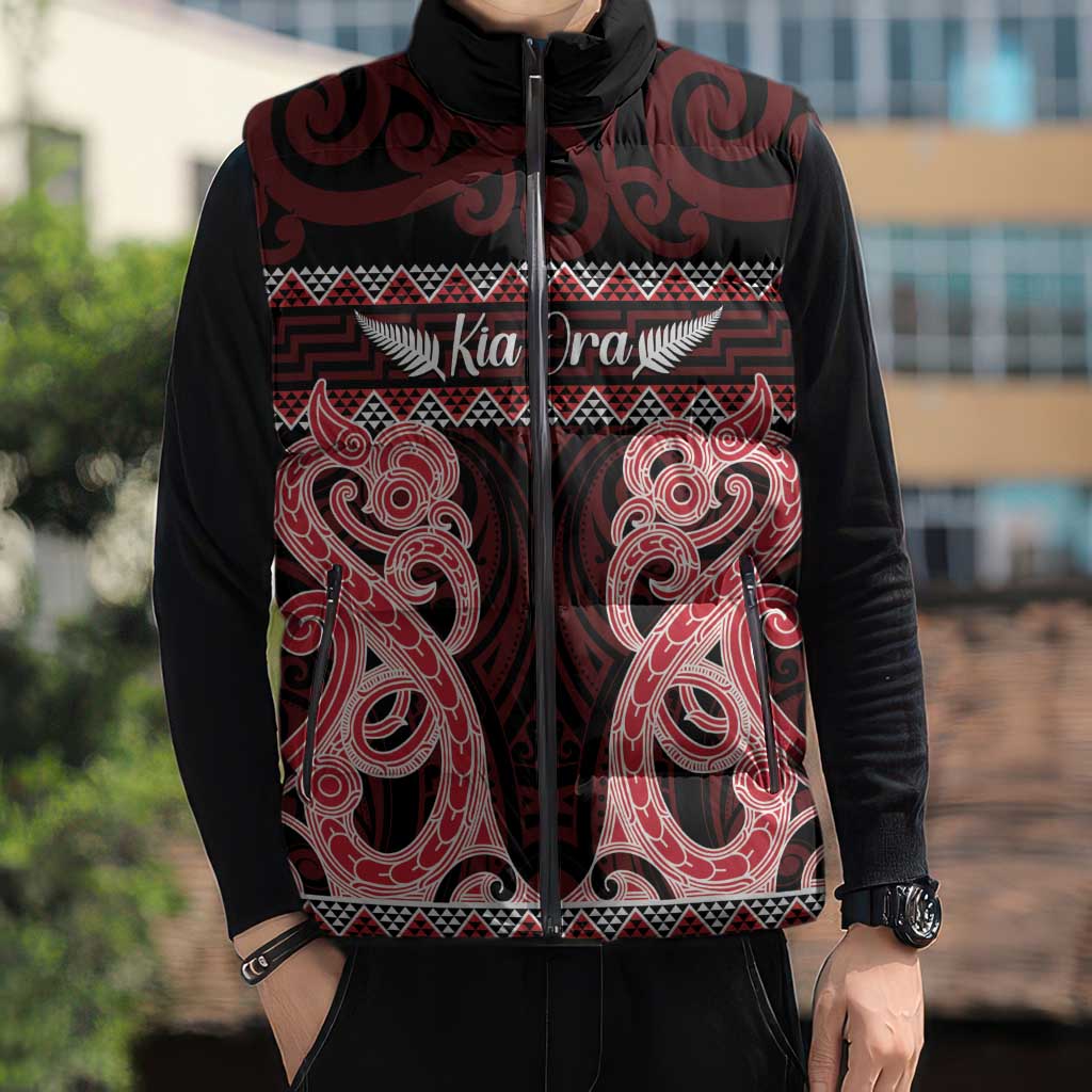 Kia Ora New Zealand Sleeveless Puffer Jacket Maori Language Week Whero Taniko Motif - Vibe Hoodie