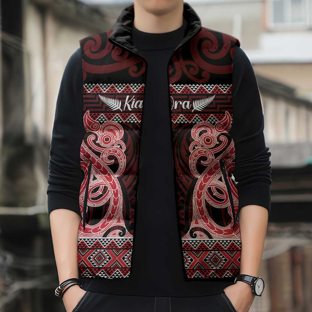 Kia Ora New Zealand Sleeveless Puffer Jacket Maori Language Week Whero Taniko Motif - Vibe Hoodie