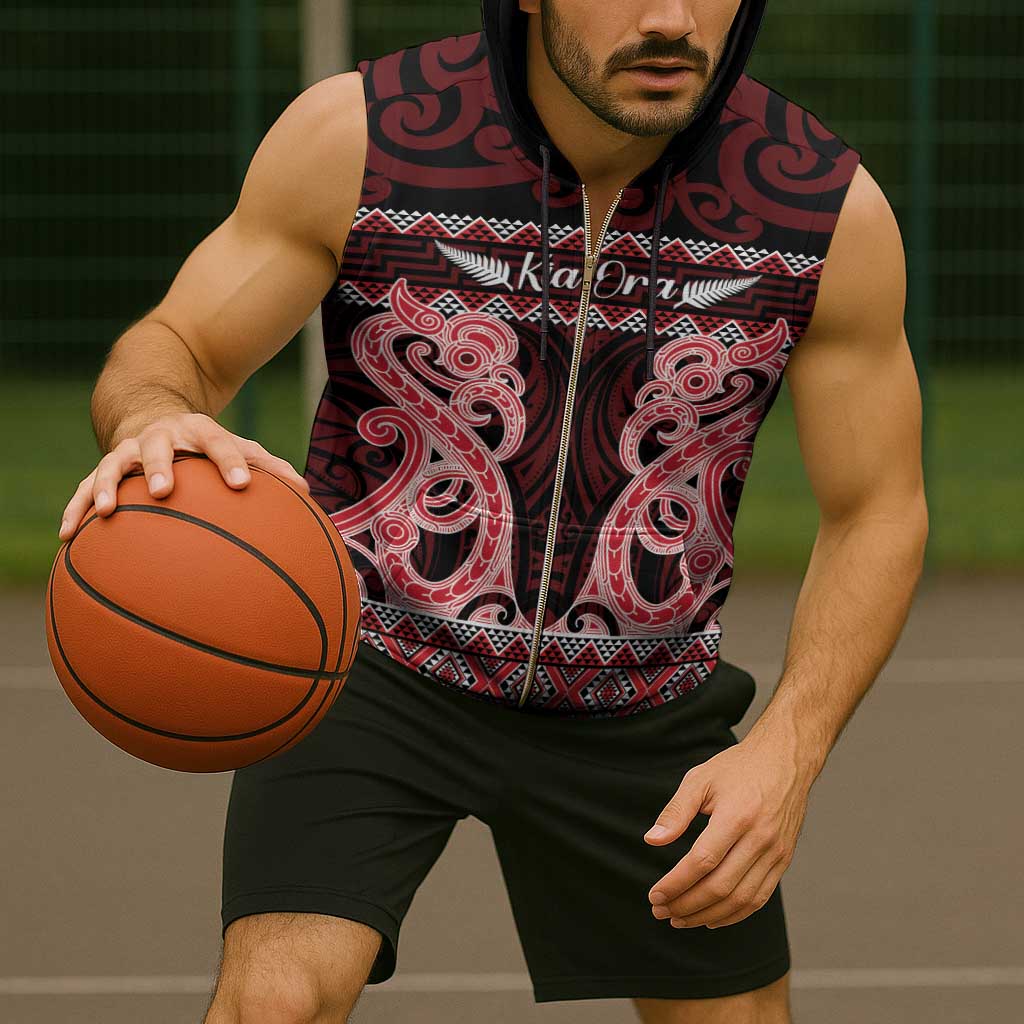 Kia Ora New Zealand Sleeveless Zip Hoodie Maori Language Week Whero Taniko Motif - Vibe Hoodie