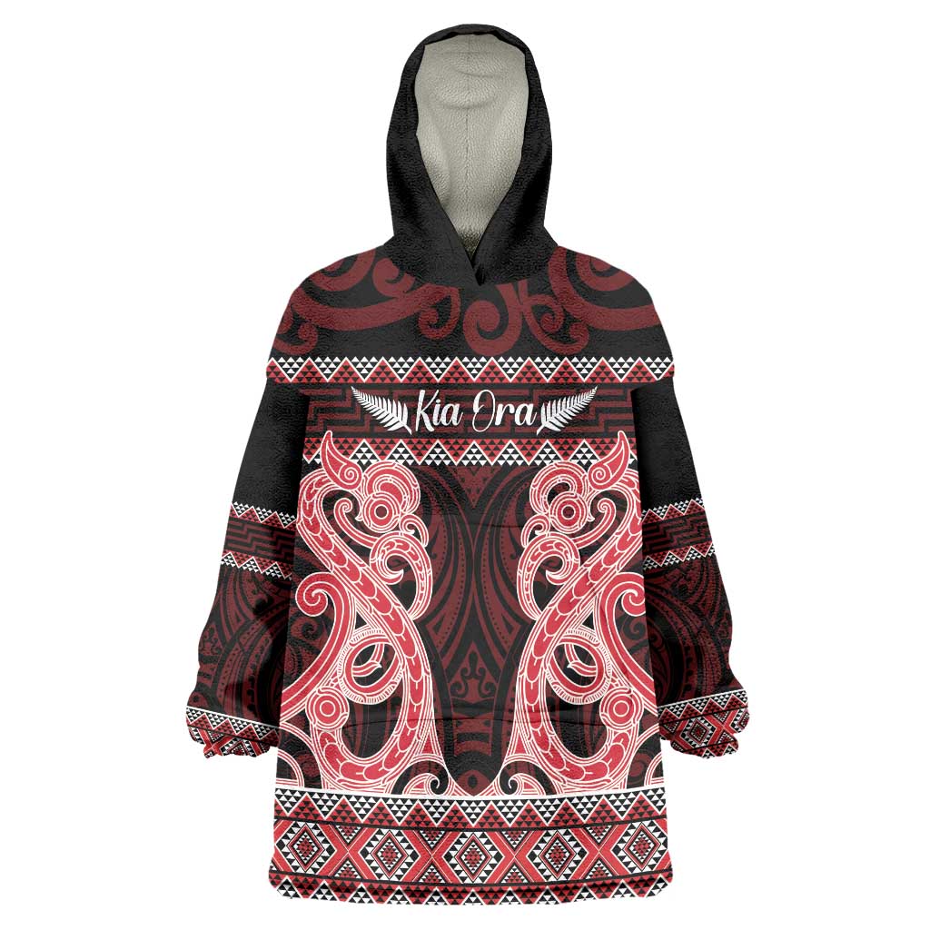 Kia Ora New Zealand Wearable Blanket Hoodie Maori Language Week Whero Taniko Motif - Vibe Hoodie