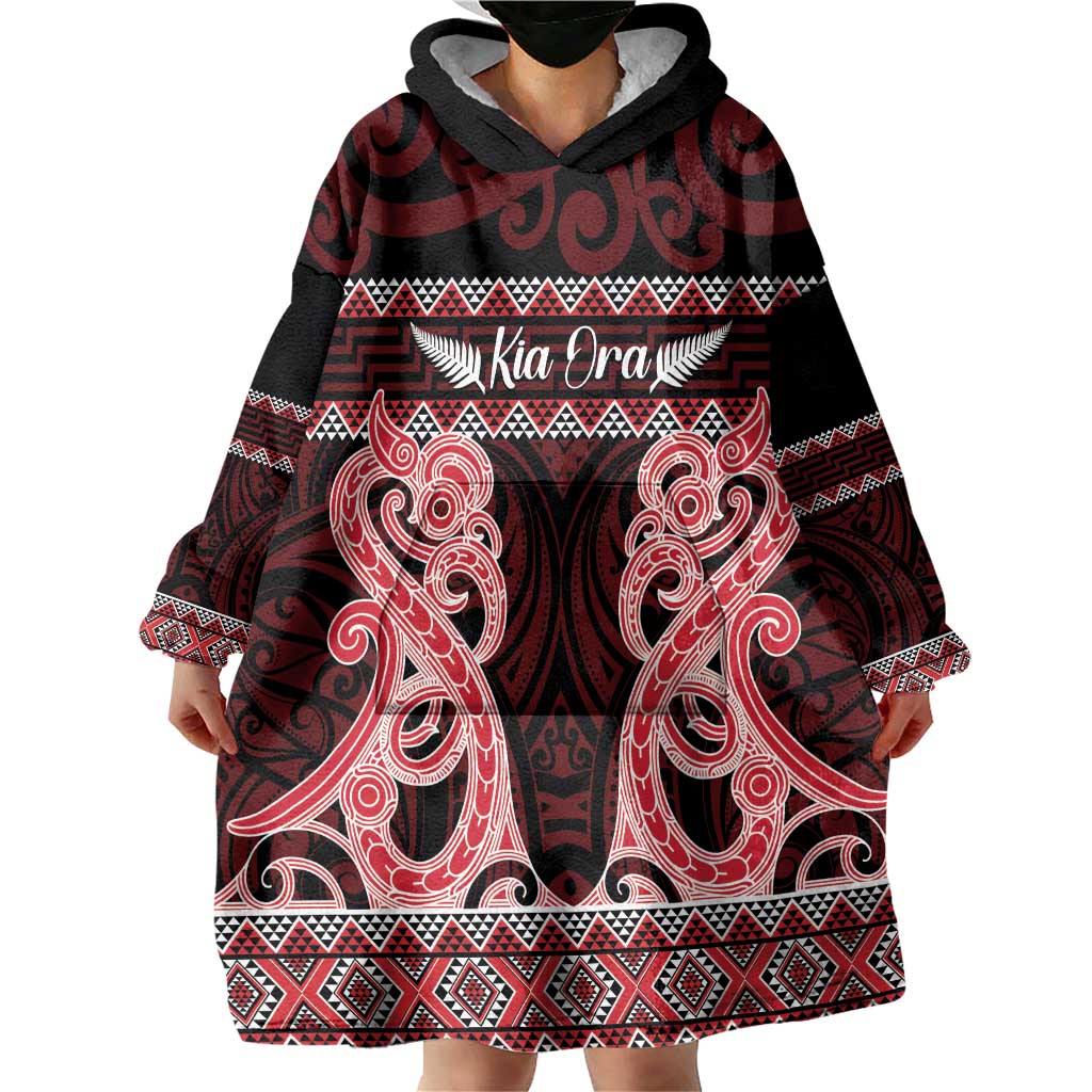 Kia Ora New Zealand Wearable Blanket Hoodie Maori Language Week Whero Taniko Motif - Vibe Hoodie