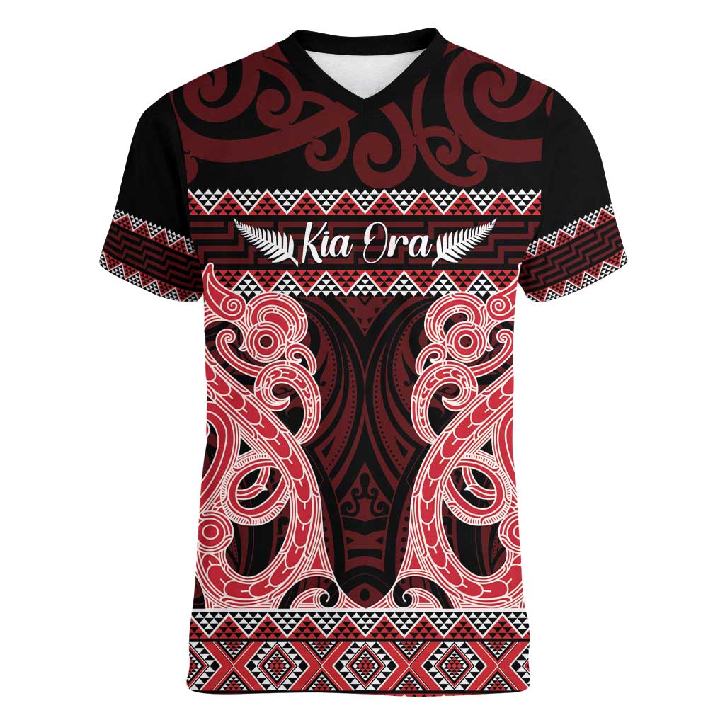 Kia Ora New Zealand Women V-Neck T-Shirt Maori Language Week Whero Taniko Motif - Vibe Hoodie