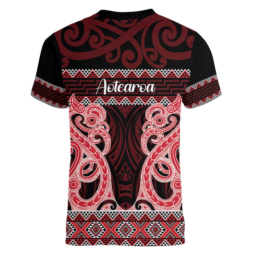 Kia Ora New Zealand Women V-Neck T-Shirt Maori Language Week Whero Taniko Motif - Vibe Hoodie