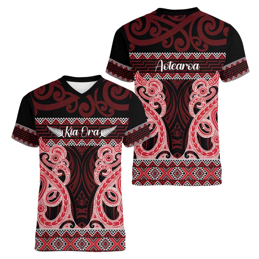 Kia Ora New Zealand Women V-Neck T-Shirt Maori Language Week Whero Taniko Motif - Vibe Hoodie