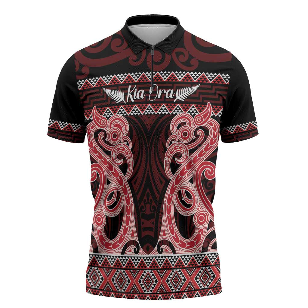 Kia Ora New Zealand Zipper Polo Shirt Maori Language Week Whero Taniko Motif - Vibe Hoodie