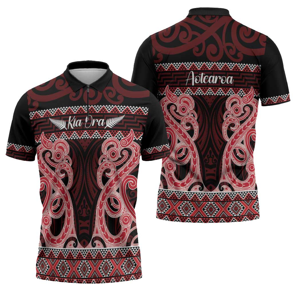 Kia Ora New Zealand Zipper Polo Shirt Maori Language Week Whero Taniko Motif - Vibe Hoodie